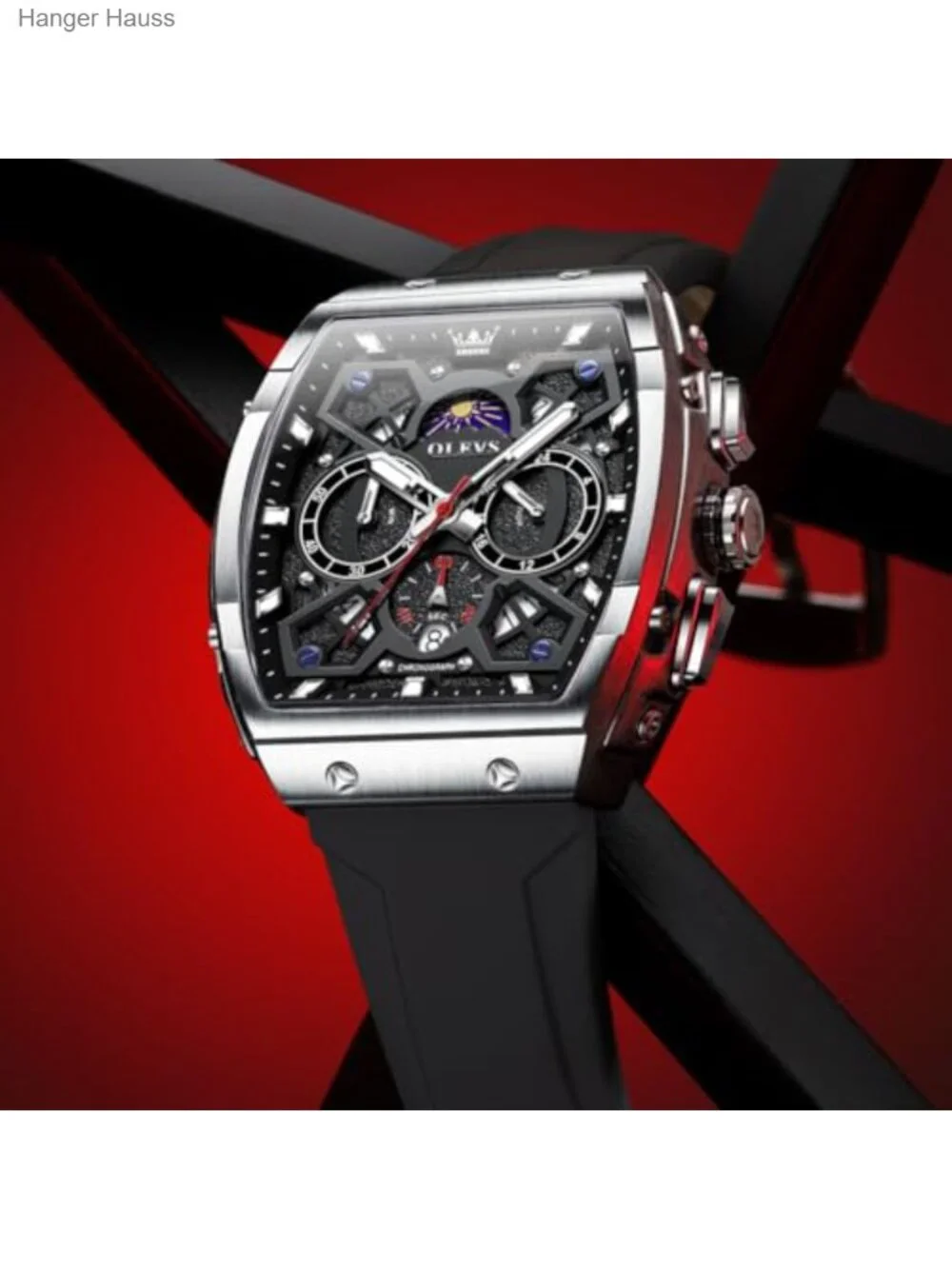 Men's Luxury Square Skeleton Chronograph Watch Quartz Stainless Steel Rubber
